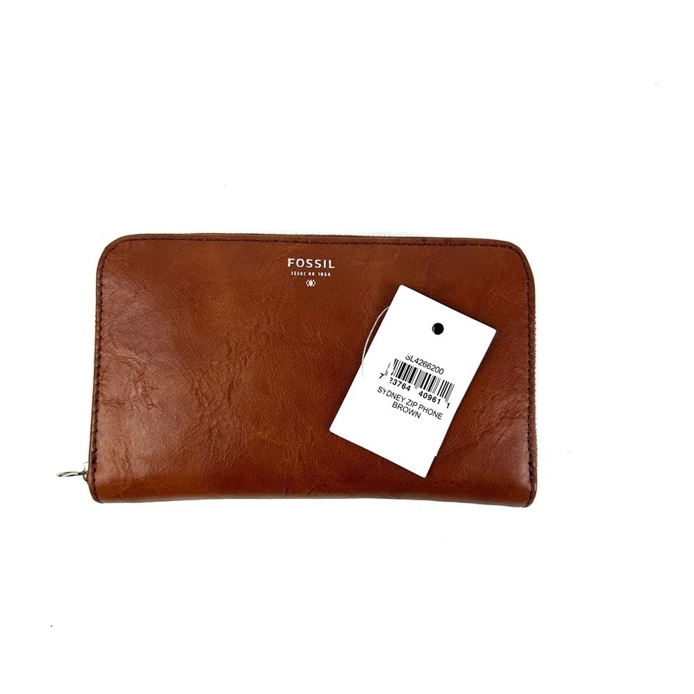 Fossil Sydney Zip Around Clutch Cell Phone Holder Brown Leather New NO‎ STRAP